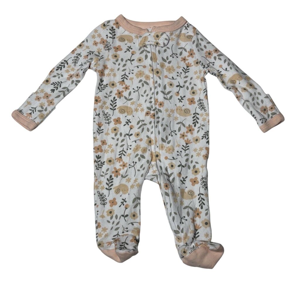 The Peanutshell Newborn 0-3M Floral Snail Footed Zip Sleeper Pink Cotton
